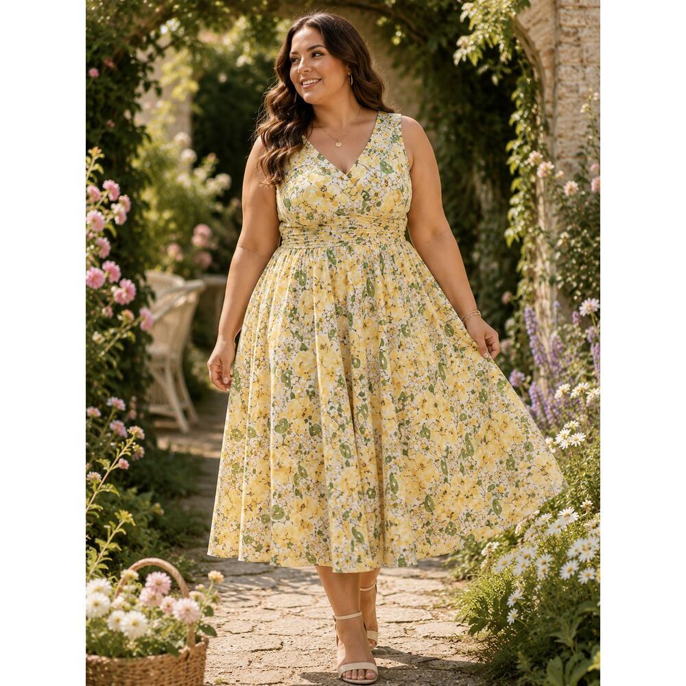 Robbie Bee Yellow Floral Cotton Midi Dress Cottagecore Garden Party 20W